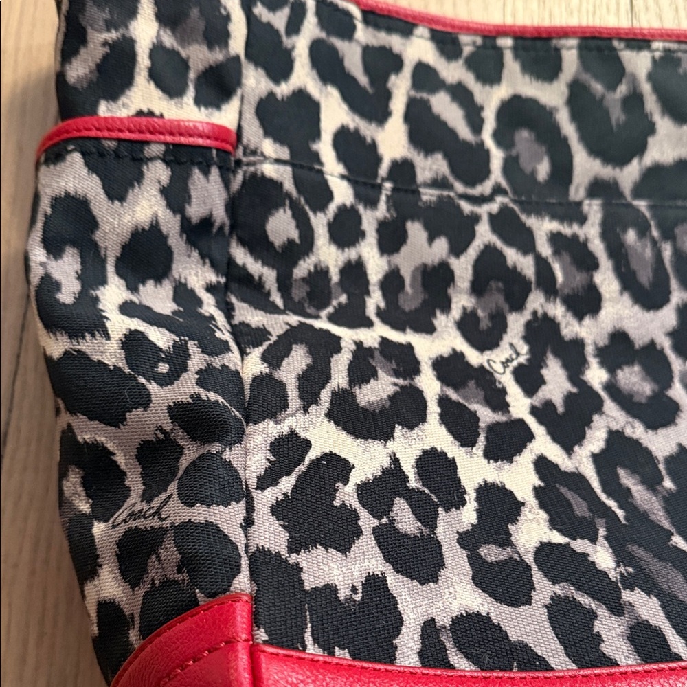Coach Ocelot / Leopard Signature Print Tote with Red Leather Details - Picture 3 of 5